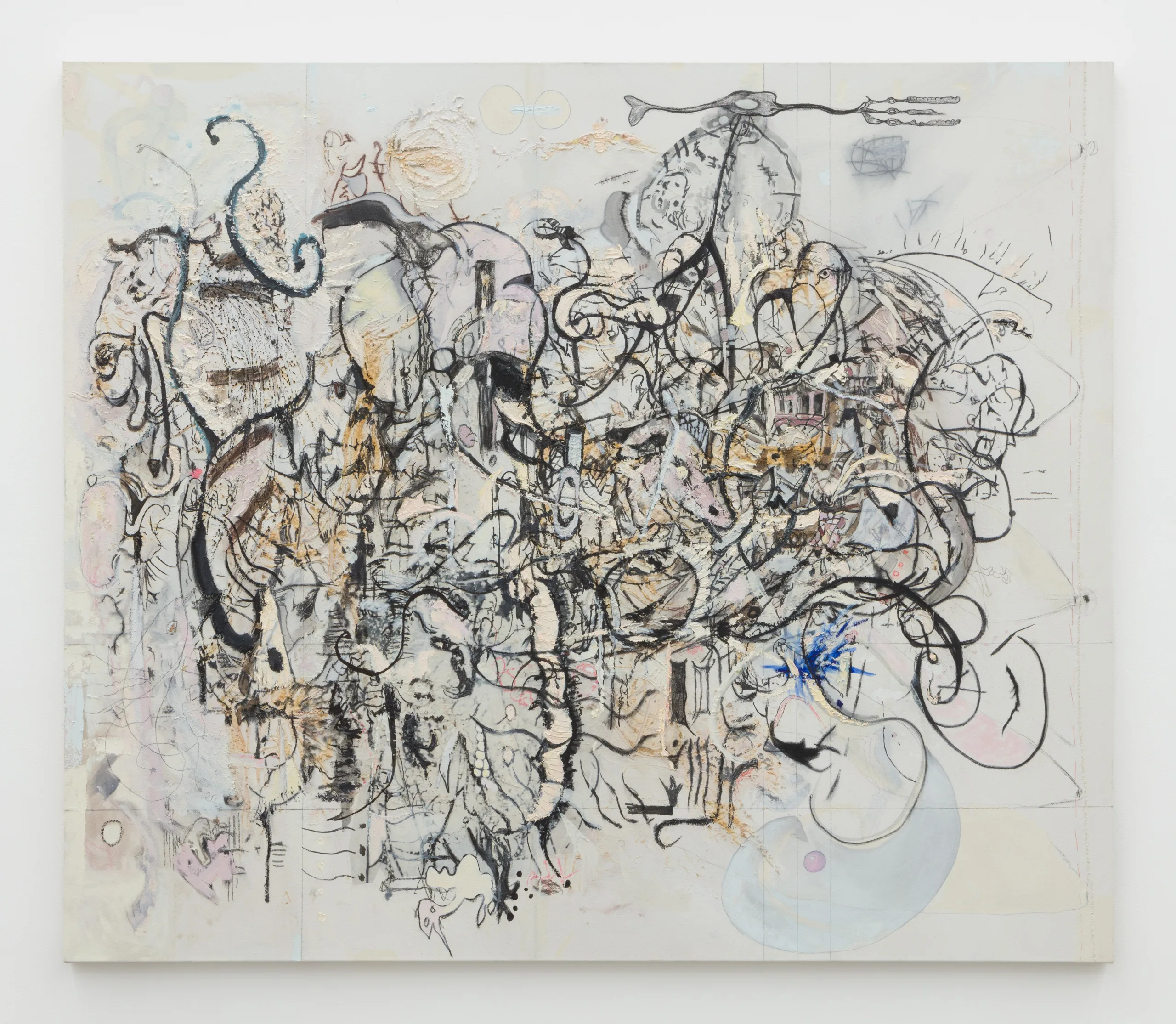 A painting with a pale background beneath calligraphic lines and shapes. Müller glia stem cell RNA is depicted at the top.