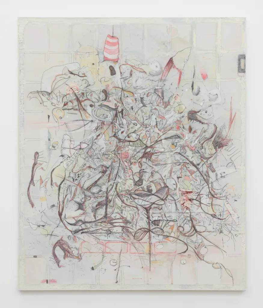 A painting with a pale background beneath calligraphic lines and shapes