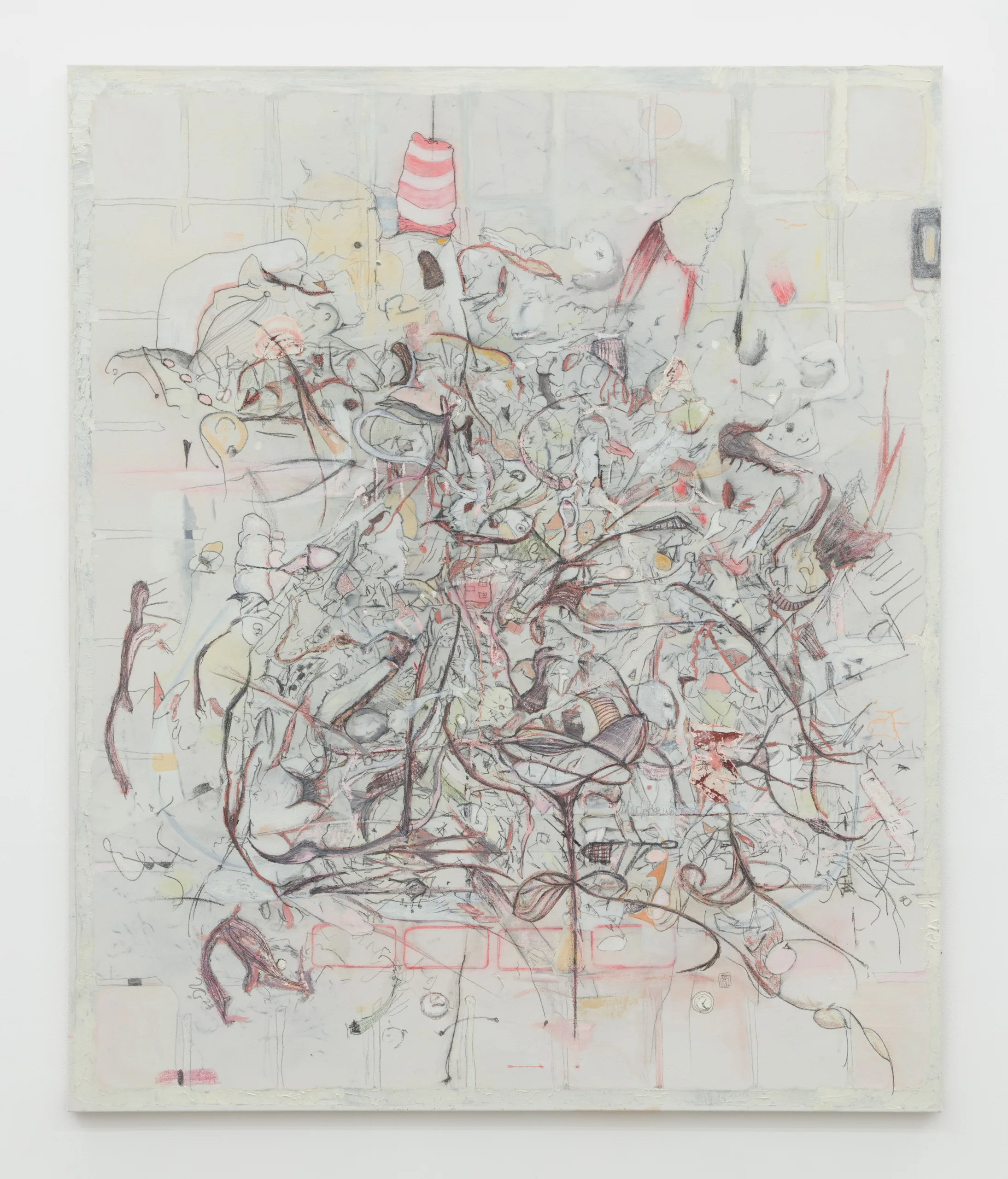 A painting with a pale background beneath calligraphic lines and shapes