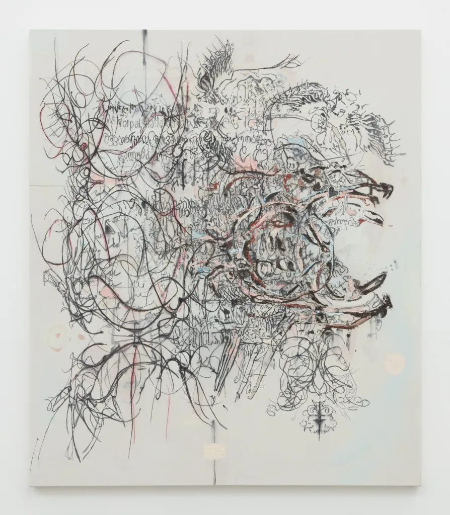 A painting with a pale background beneath calligraphic lines and shapes. A poem in Georgian is in the background.