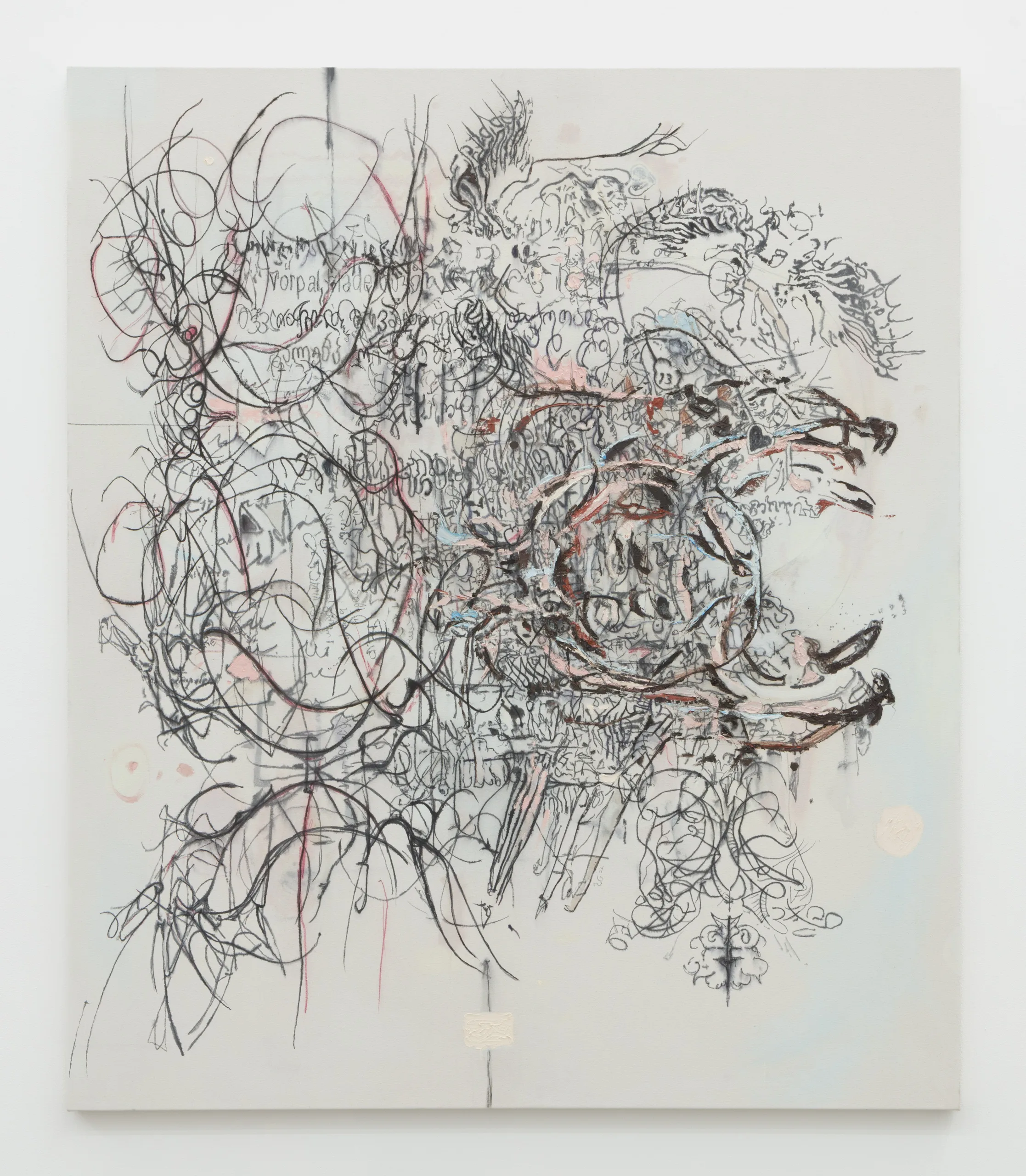 A painting with a pale background beneath calligraphic lines and shapes. A poem in Georgian is in the background.