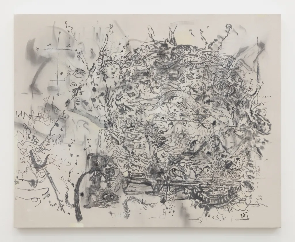 A painting with a pale background beneath calligraphic lines and shapes