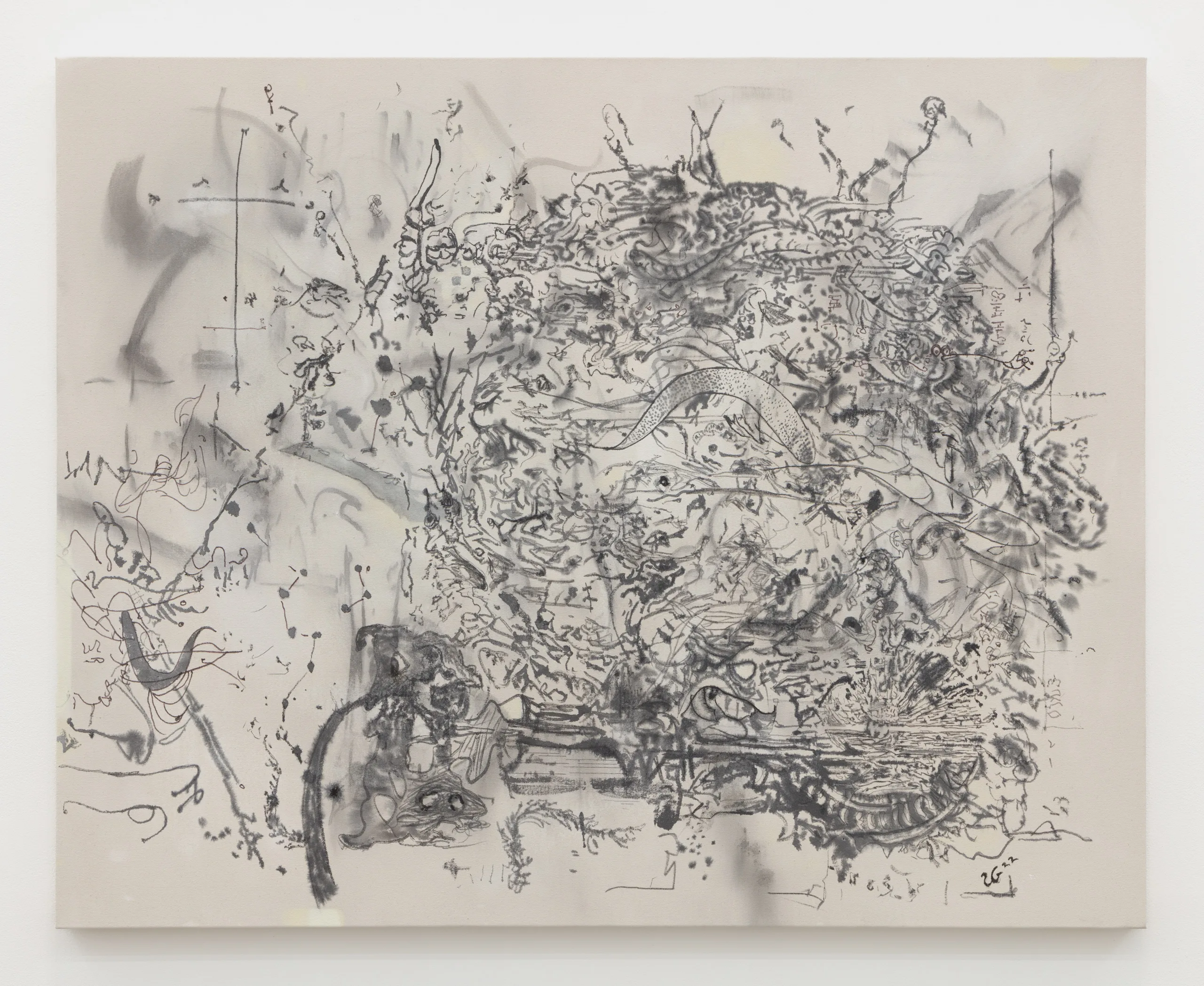 A painting with a pale background beneath calligraphic lines and shapes