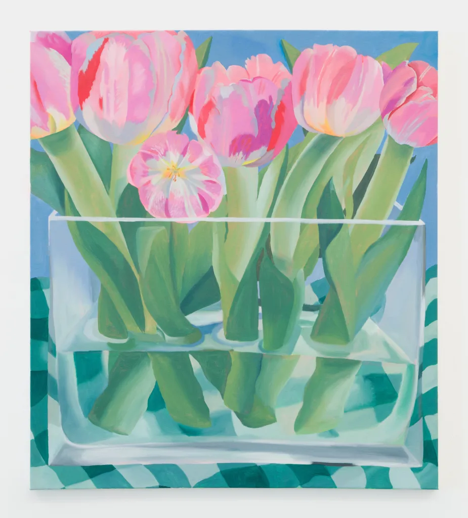 A painting of tulips in a vase of water.